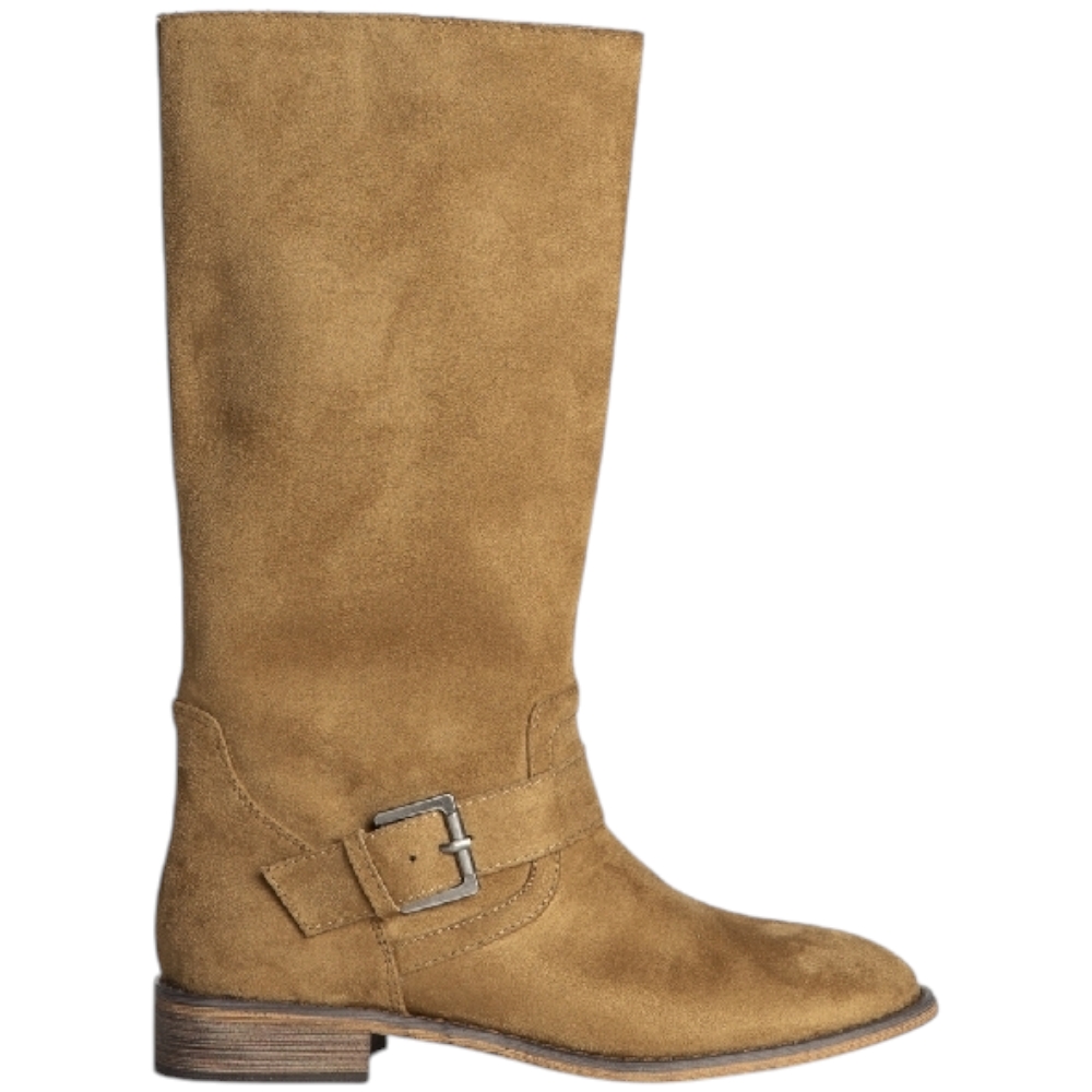 Stivali Corina biker in camoscio camel morbido liscio punta tonda fibbia argento tacco 2,5 cm