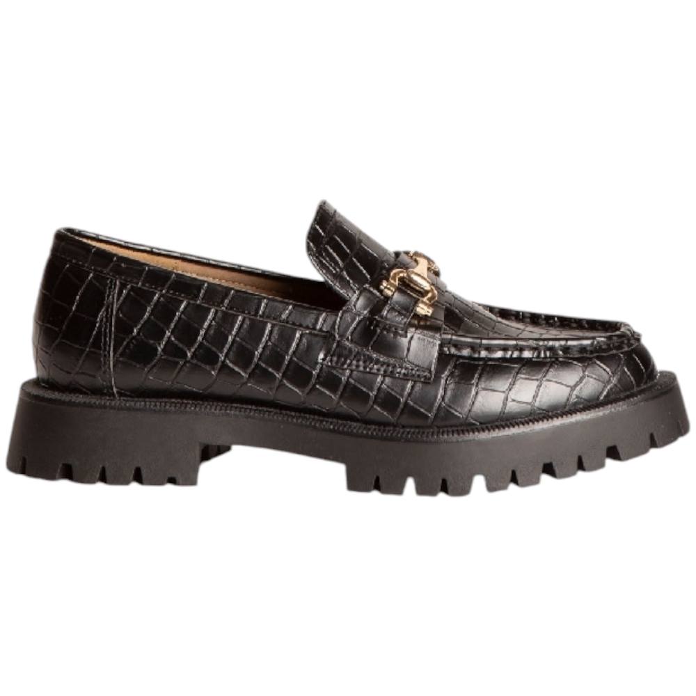Mocassino donna Corina M4622 nero stampa cocco morsetto dorato cuciture in rilievo e fondo roccia zigrinato.