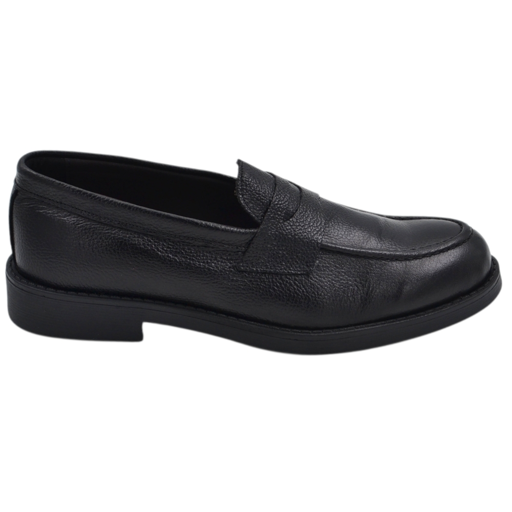 Scarpe uomo mocassino penny loafer bendina nero bottolato vera pelle abrasivata business fondo gomma liscio alto 2 cm.