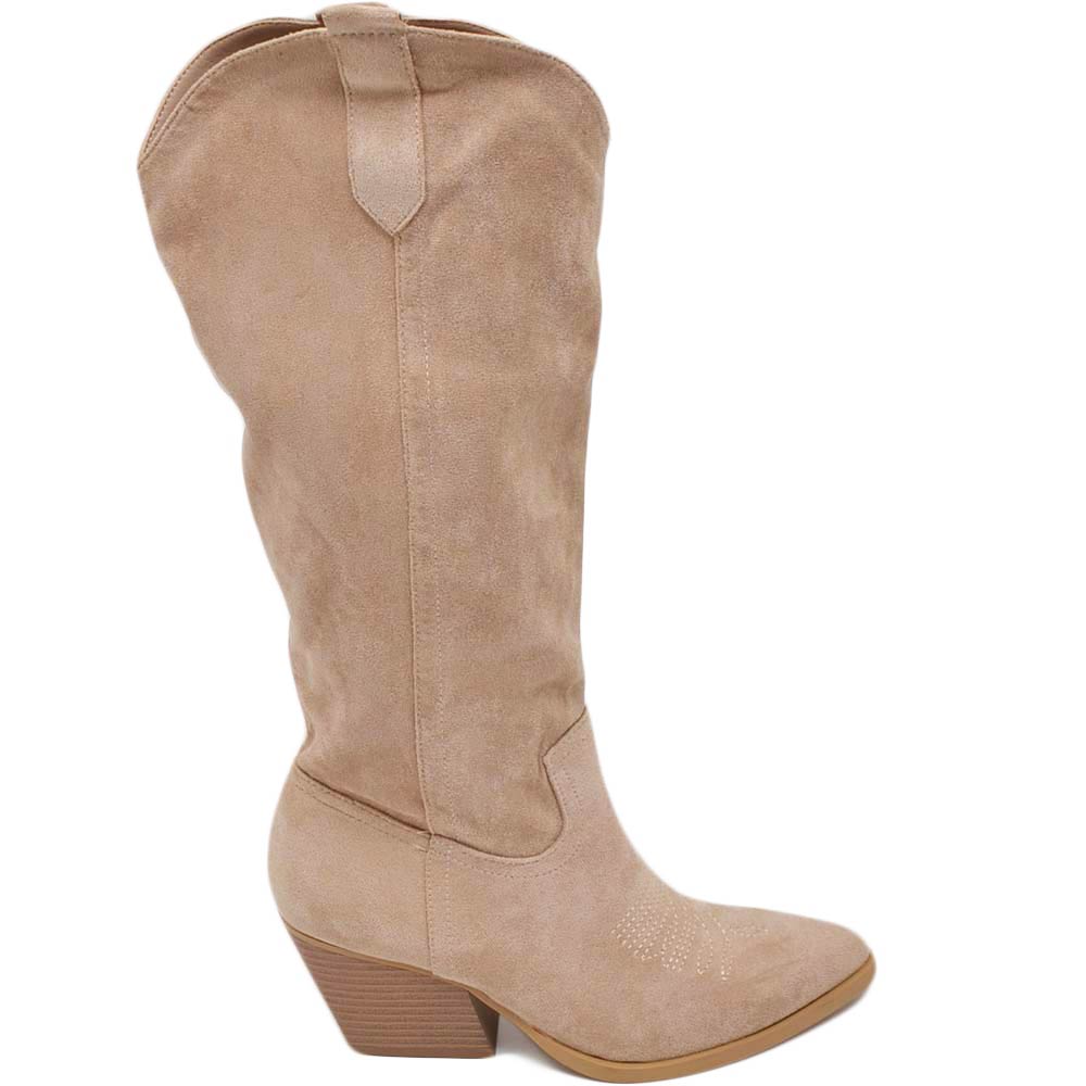 Stivali camperos donna in camoscio beige taupe altezza ginocchio lisci tacco western 5 cm con zip.