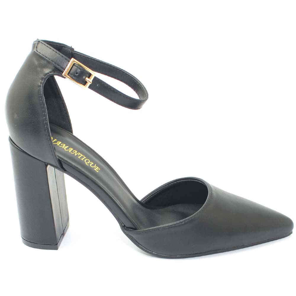 Decollete donna nero in ecopelle a punta con tacco largo 9 cm e cinturino  alla caviglia linea basic glamour donna d�collet� Malu Shoes | MaluShoes