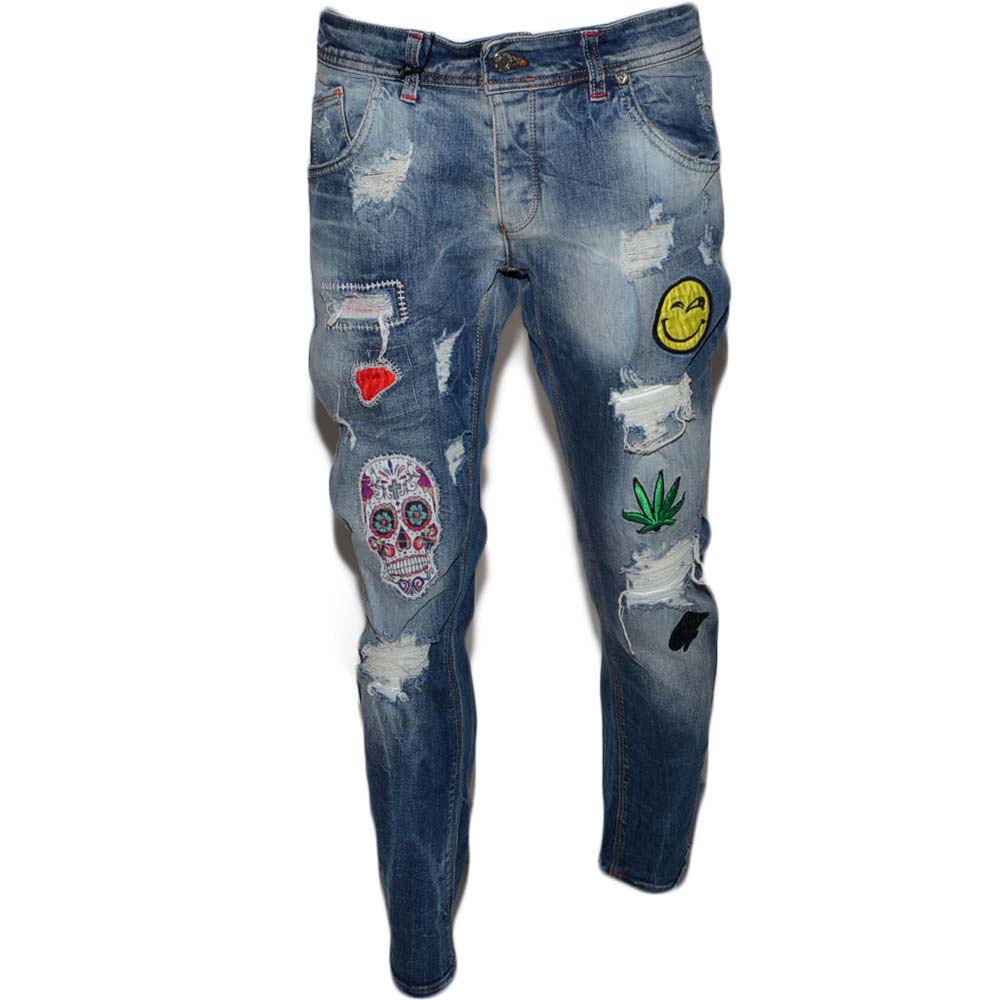 Pantaloni Jeans blu scuro denim biker. Skinny fit. Chiusura con bottone e cerniera strappato e toppe moda