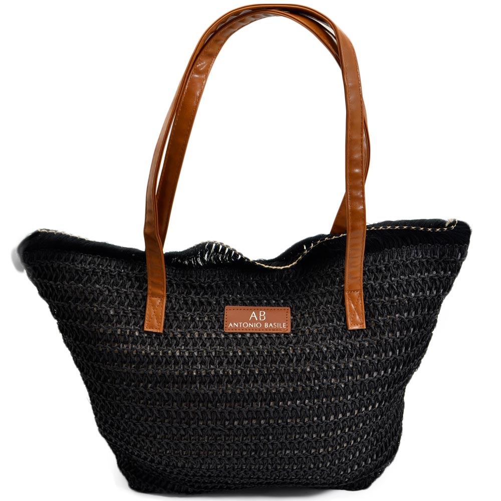 Borsa a mano di paglia donna morbida nero rettangolare grande manico in  pelle con zip da mare foderata in raso moda donna big bags ANTONIO BASILE