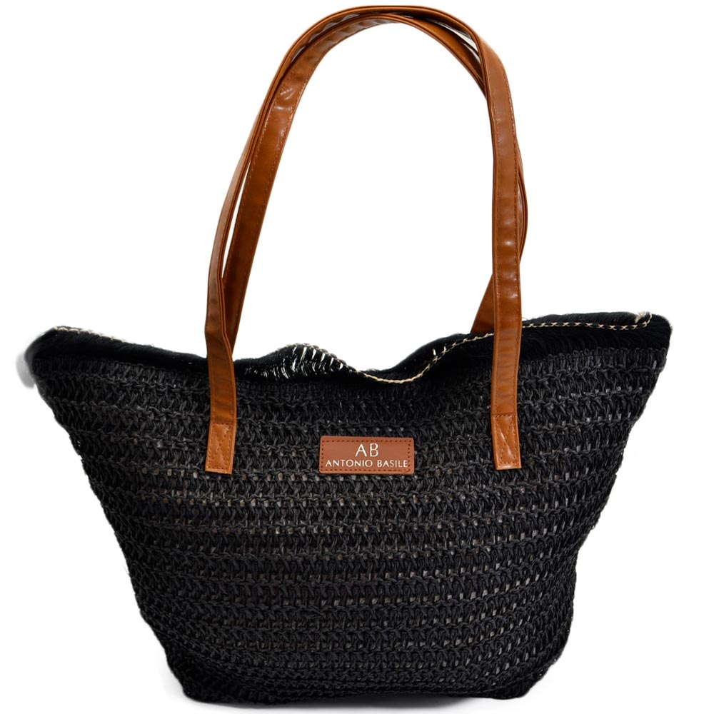 Borsa a mano di paglia donna morbida nero rettangolare grande manico in pelle con zip da mare foderata in raso moda