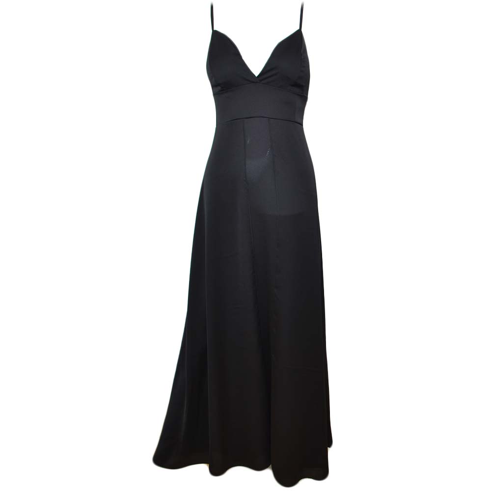 Abito donna lungo nero in satin raso con scollo a V  spacco laterale bretelle sottili elegante glamour linea luxury moda
