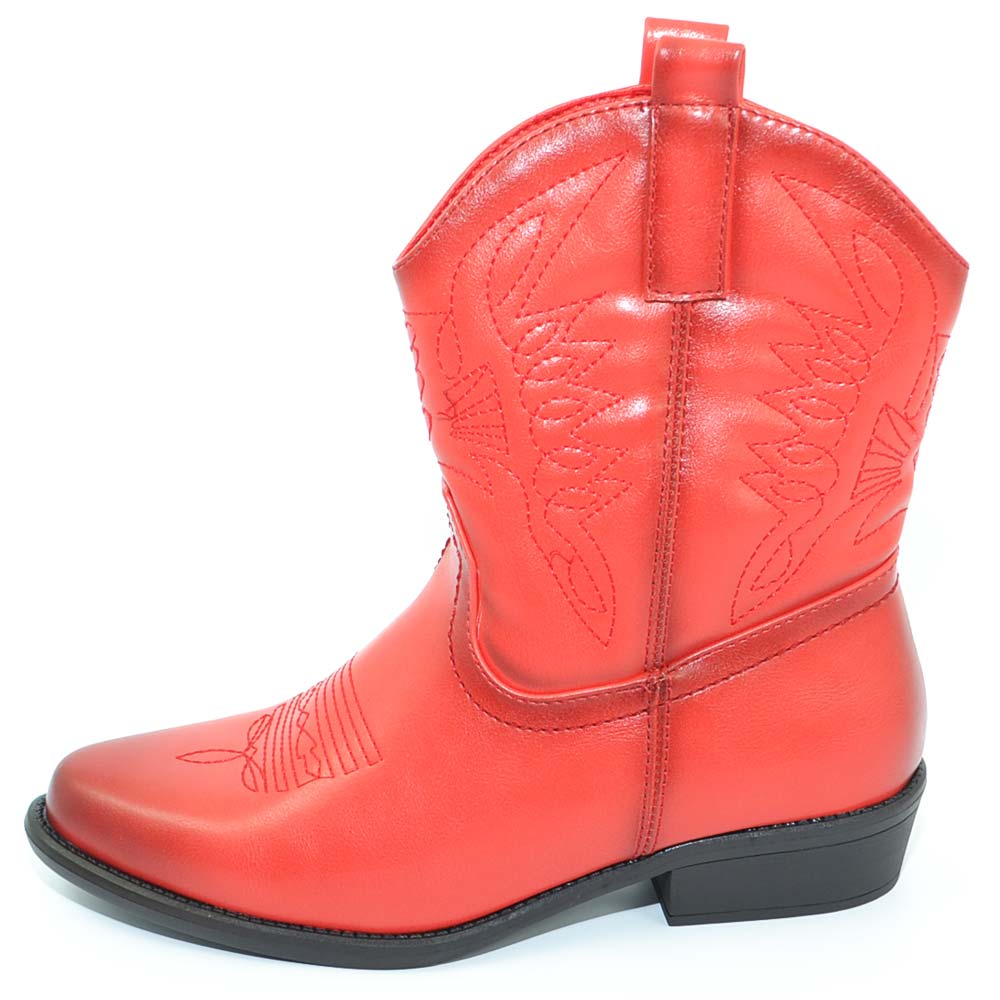 Stivaletto donna camperos texani rossi corti alla caviglia con cuciture a contrasto moda a punta con tacco cono comodo