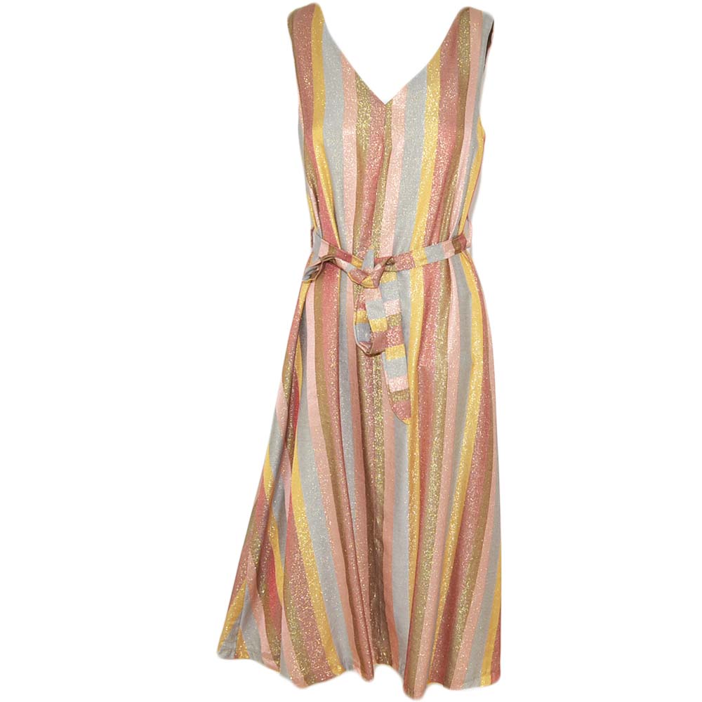 Abito donna midi stile impero glitterato a striscie  laccio in vita e scollo a V fantasia nei colori pastello e dorati