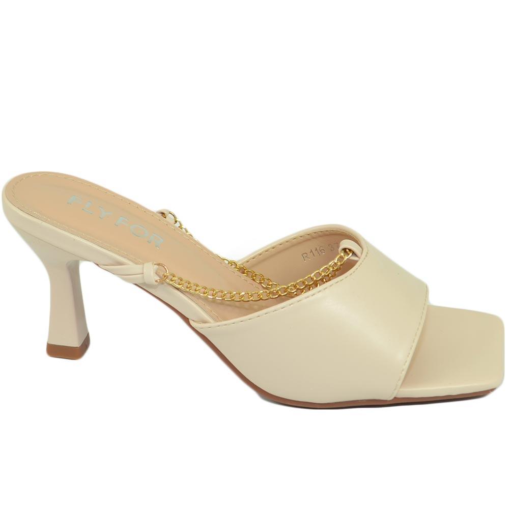 Sandali donna mules beige tacco martini 10 cm cerimonia comoda con fascia larga morbida catena oro punta quadrata luxury
