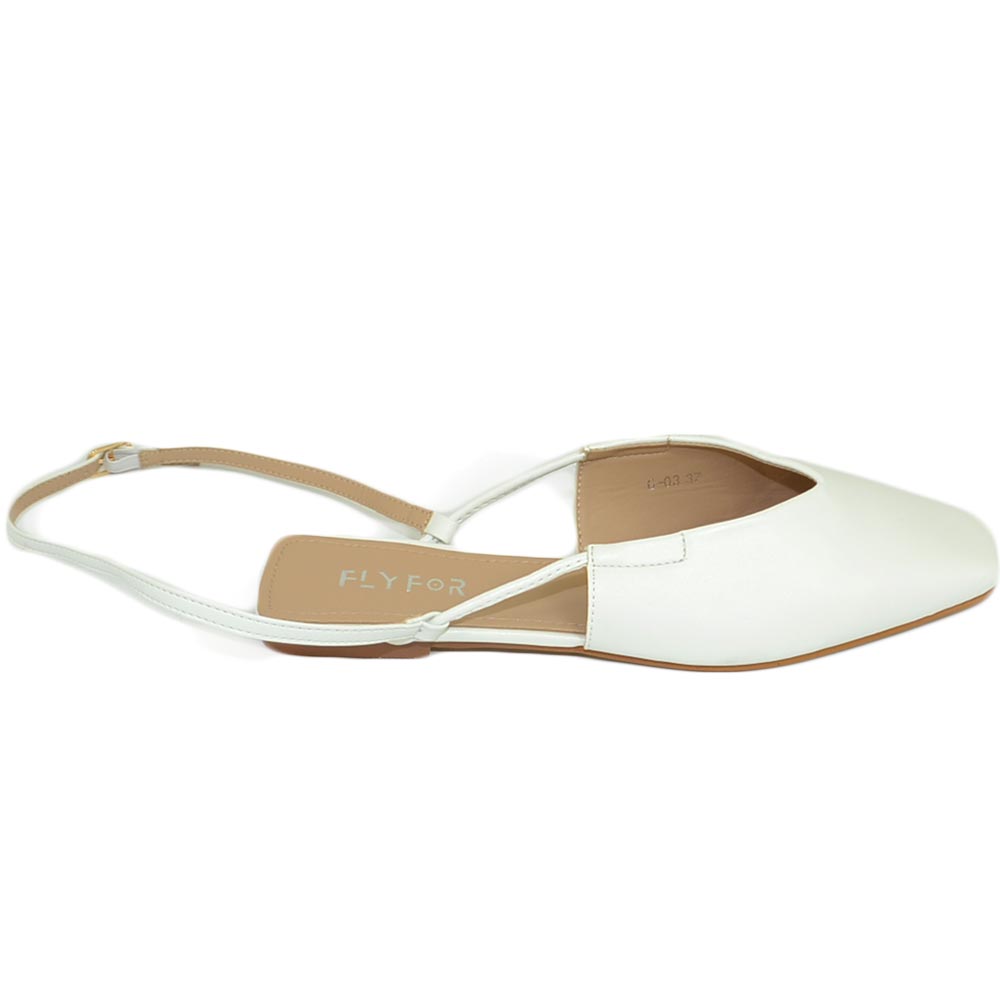 Scarpe donna mules ballerine bianco mocassino raso terra tallone scoperto con cinturino alla schiava caviglia.