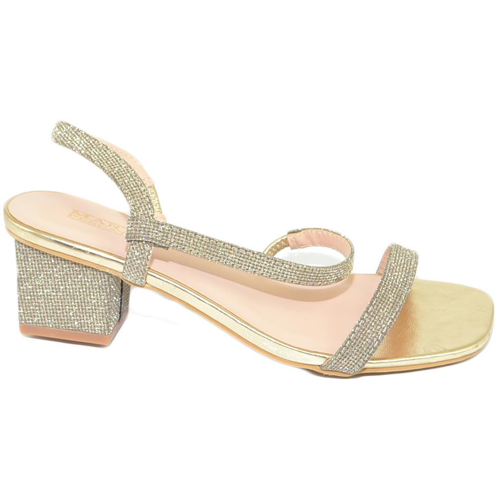 Scarpe sandalo estivo donna con tacco basso 5 cm da cerimonia gioiello oro luminoso elegante comodo moda