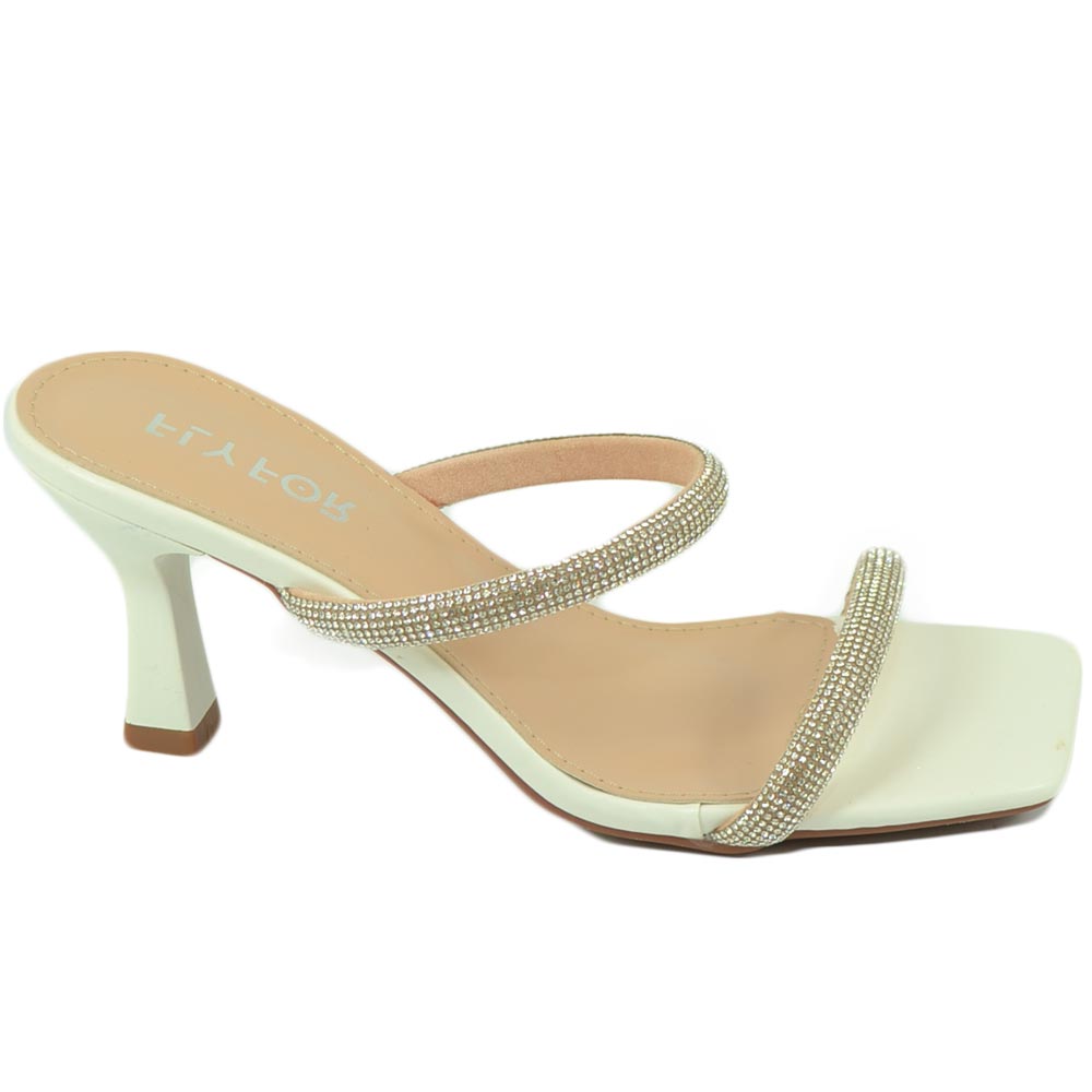 Scarpe sandalo donna cerimonia gioiello bianco mules con fasce brillantini luminoso tacco martini 9 elegante comodo moda