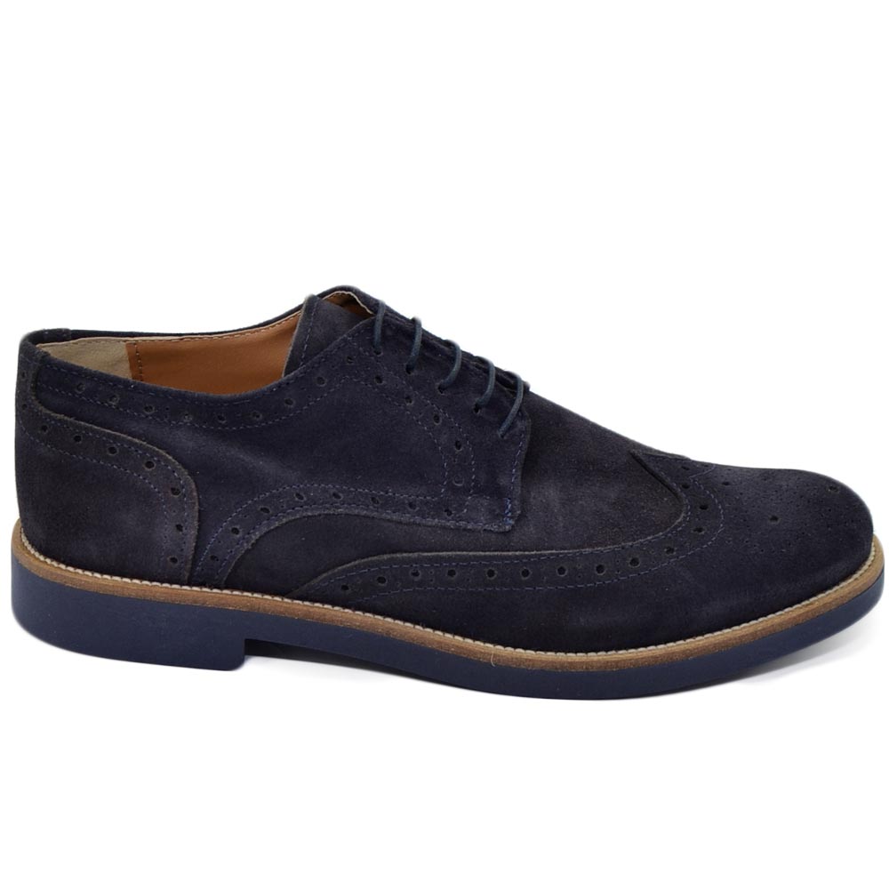 Scarpe uomo francesina stringata elegante ricamo in vera pelle di camoscio blu made italy fondo gomma intersuola cuoio.