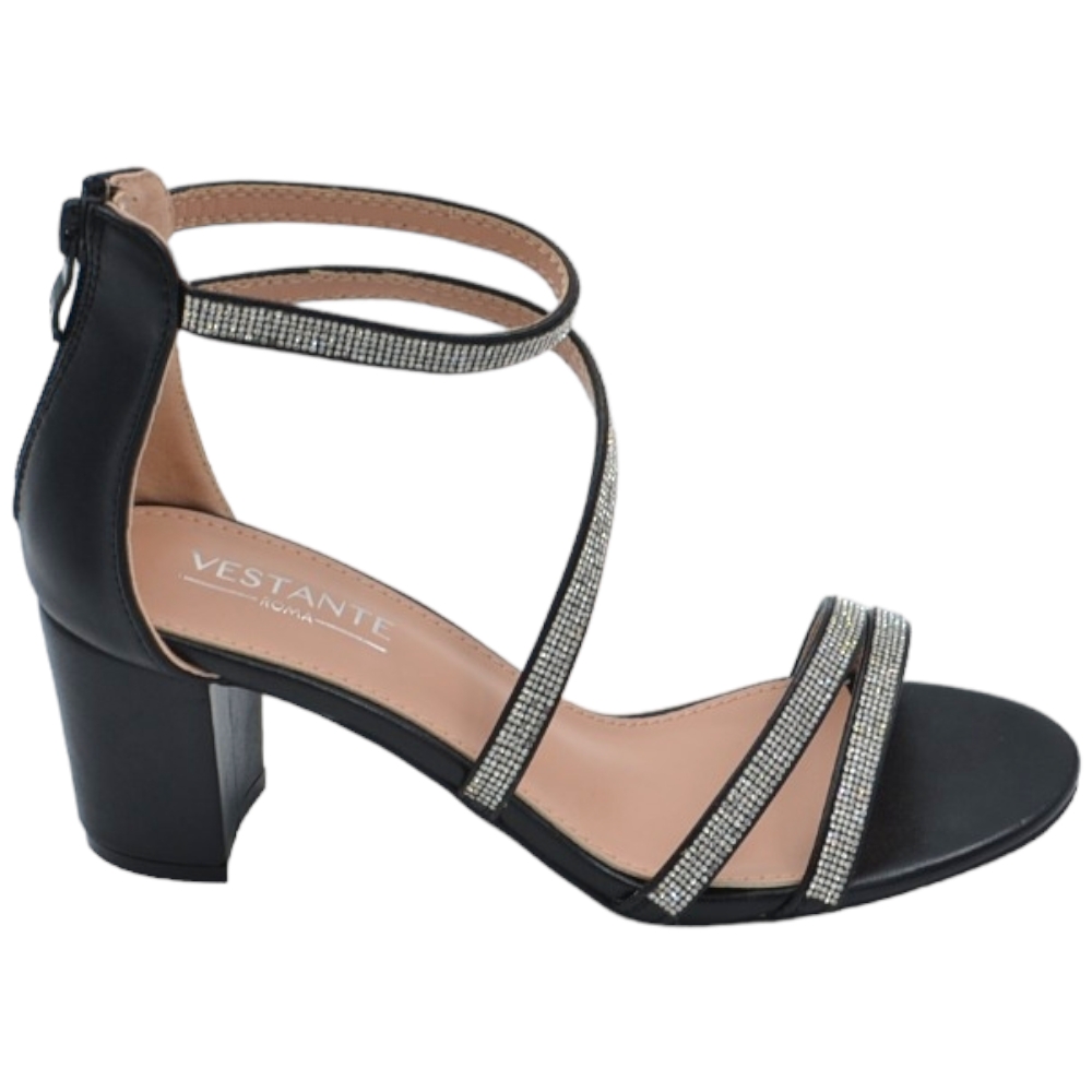 Scarpe sandalo donna nero pelle con fasce a incrocio strass e chiusura con zip retro tacco largo comodo 5cm.
