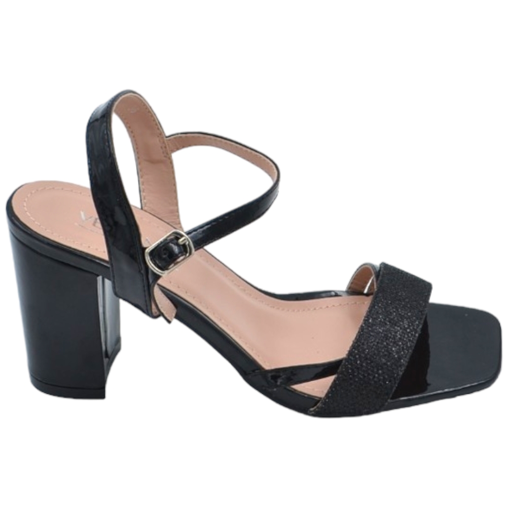 Scarpe sandalo donna nero pelle lucida con fasce a incrocio satinate e chiusura alla caviglia sling back lltacco 5cm.