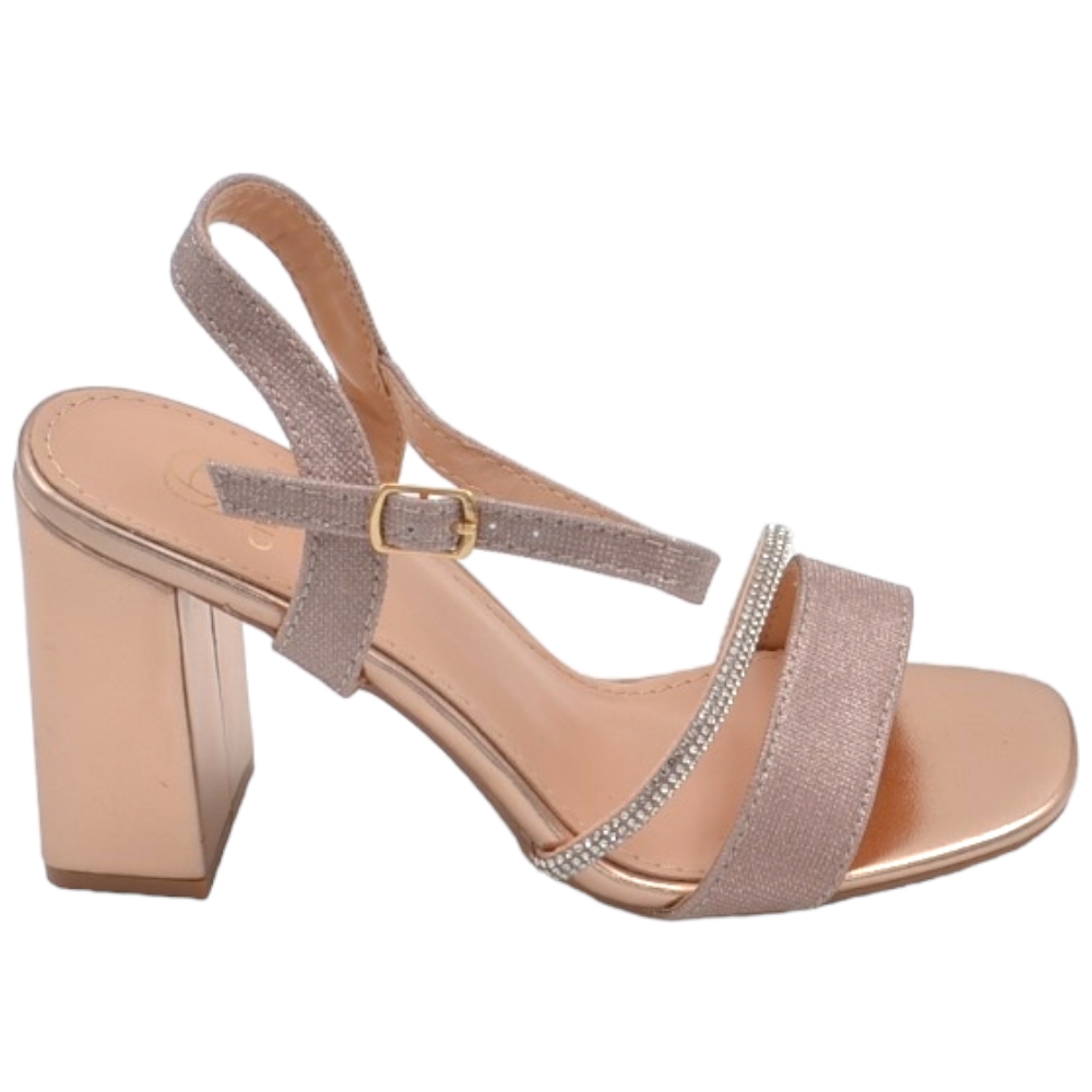 Scarpe sandalo donna oro rosa pelle con fasce a incrocio satinate e chiusura alla caviglia sling back tacco largo 5cm.