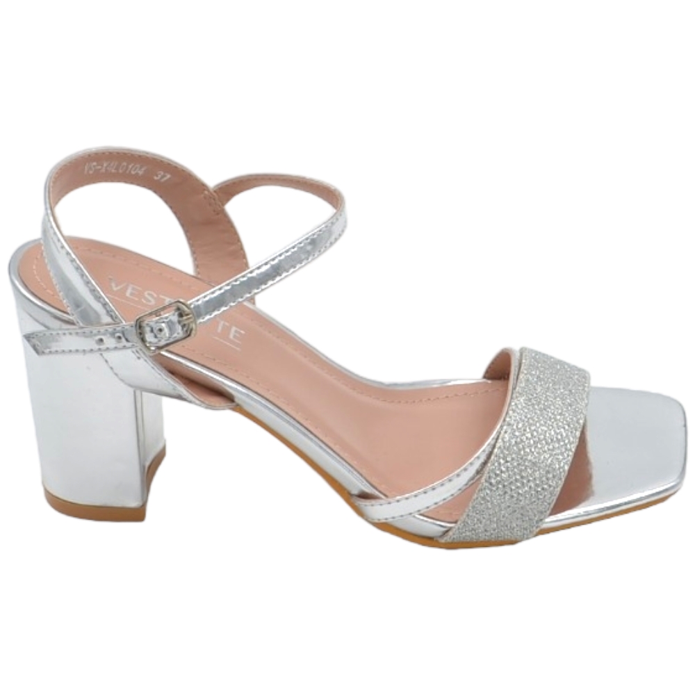 Scarpe sandalo donna argento pelle lucida con fasce a incrocio satinate e chiusura alla caviglia sling back lltacco 5cm.