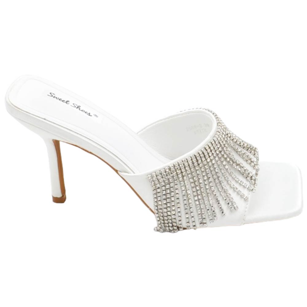 Sandalo gioiello bianco donna tacco sottile 8 cm fascia larga in tessuto con strass pendenti 