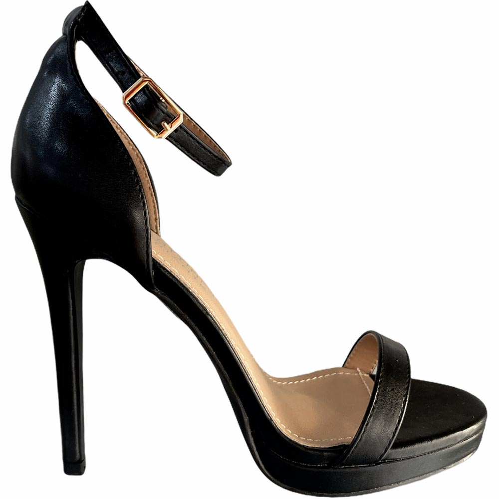 Sandalo donna tacco alto a spillo nero in pelle matte plateau rialzo 1,5 cm e cinturino alla caviglia linea basic moda