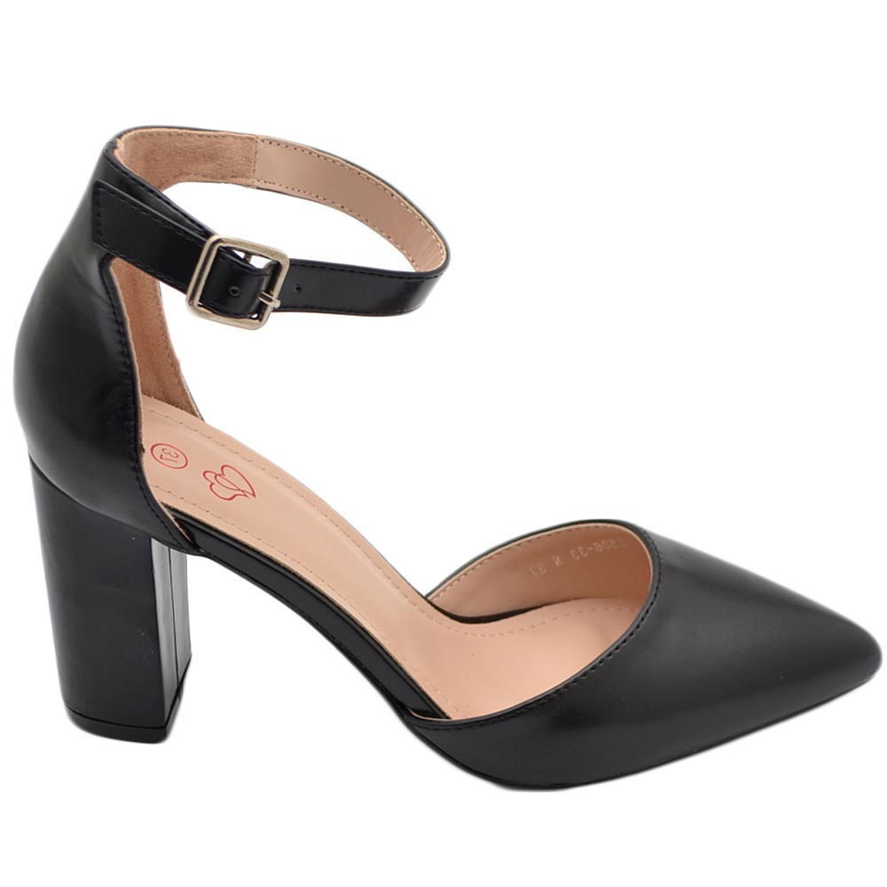 Decollete' scarpa donna ecopelle nero matte a punta tacco largo comodo con cinturino alla caviglia linea glamour