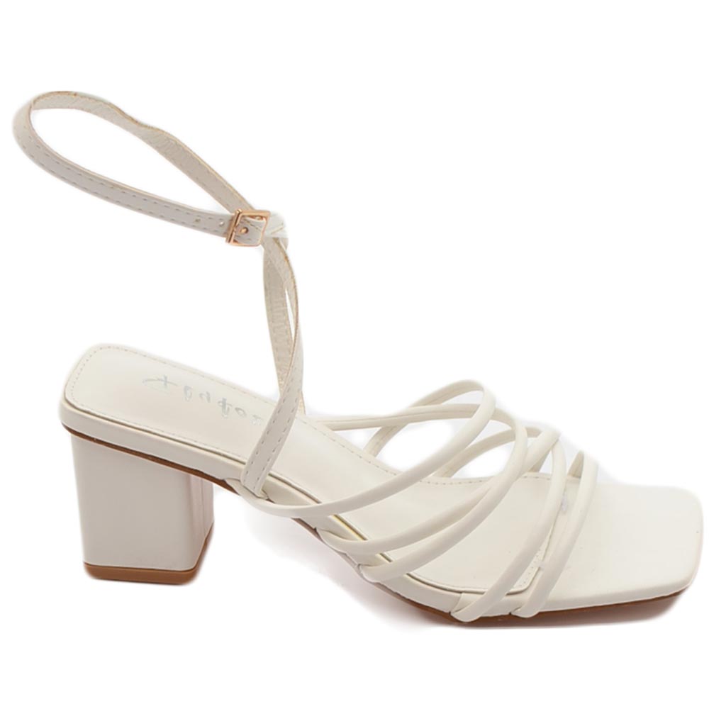 Sandalo donna bianco intrecciato con tacco basso largo comodo 5 cm lacci alla schiava moda linea basic cerimonia 