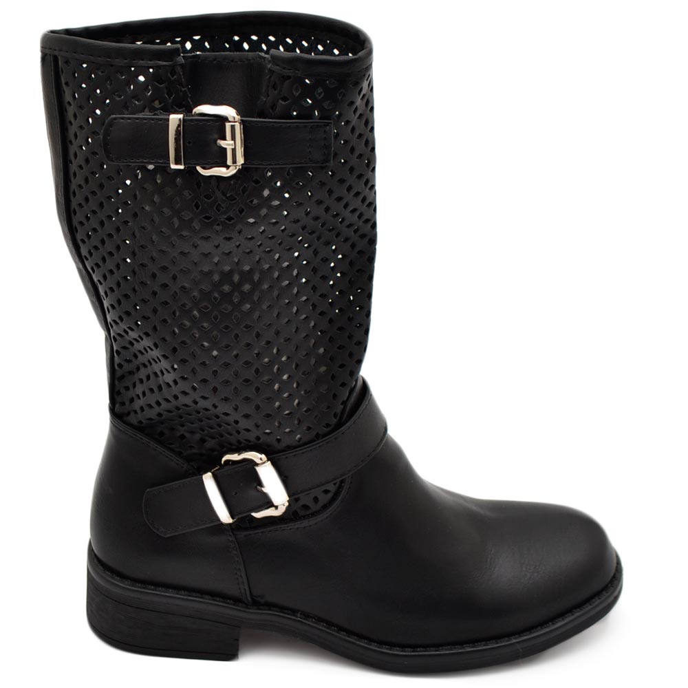Stivali donna biker estivi comodi traforati con fibbia casual in pelle nera suola in gomma altezza meta' polpaccio