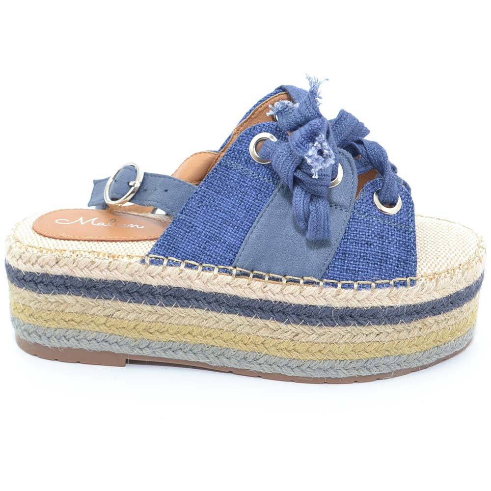 Zeppa donna blu comoda fondo in spago tricolore cinturino alla caviglia chiusura regolabile tallone scoperto,open toe