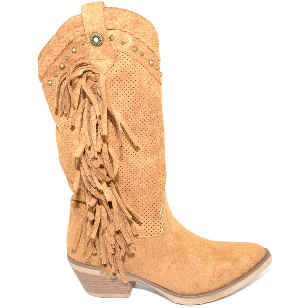 Stivali donna camperos texani cuoio frange e borchie in camoscio stile western a punta altezza ginocchio con zip