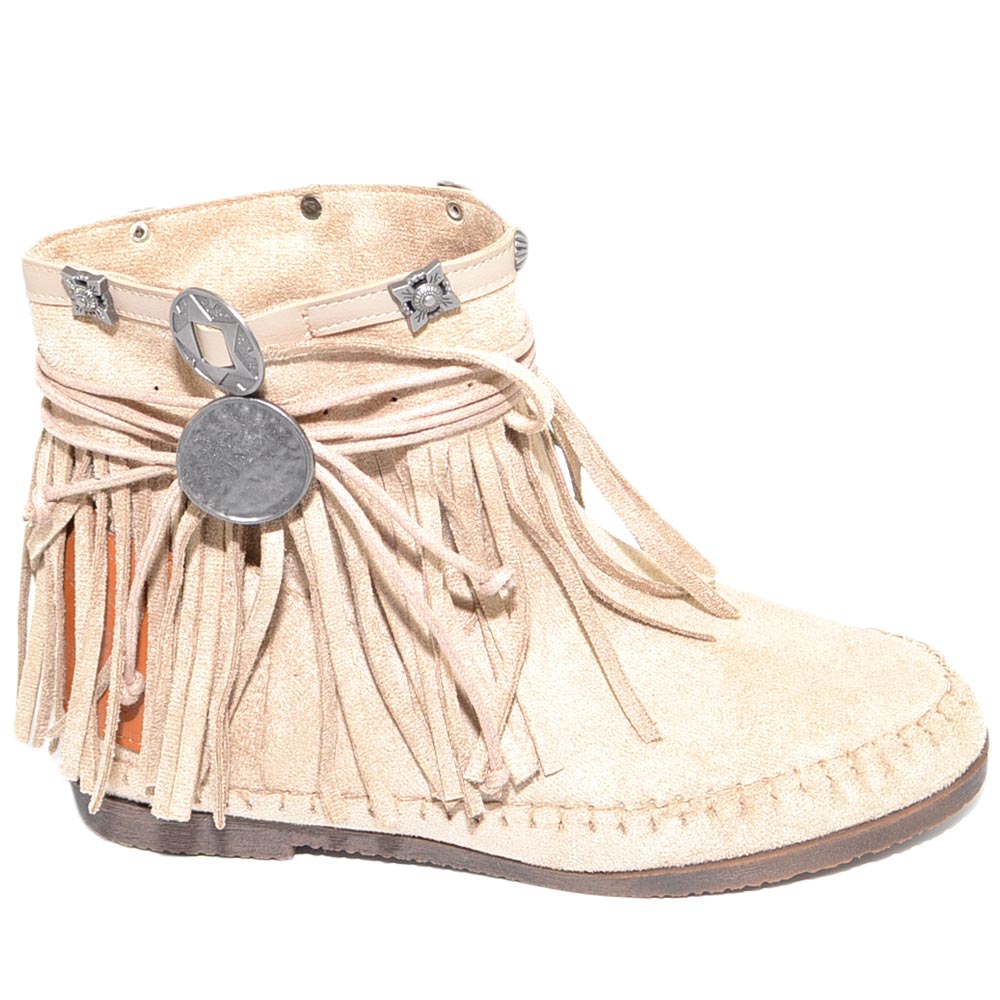 Stivaletti donna estivi indianini beige freschi con frange borchie fondo in gomma e paglia comode moda