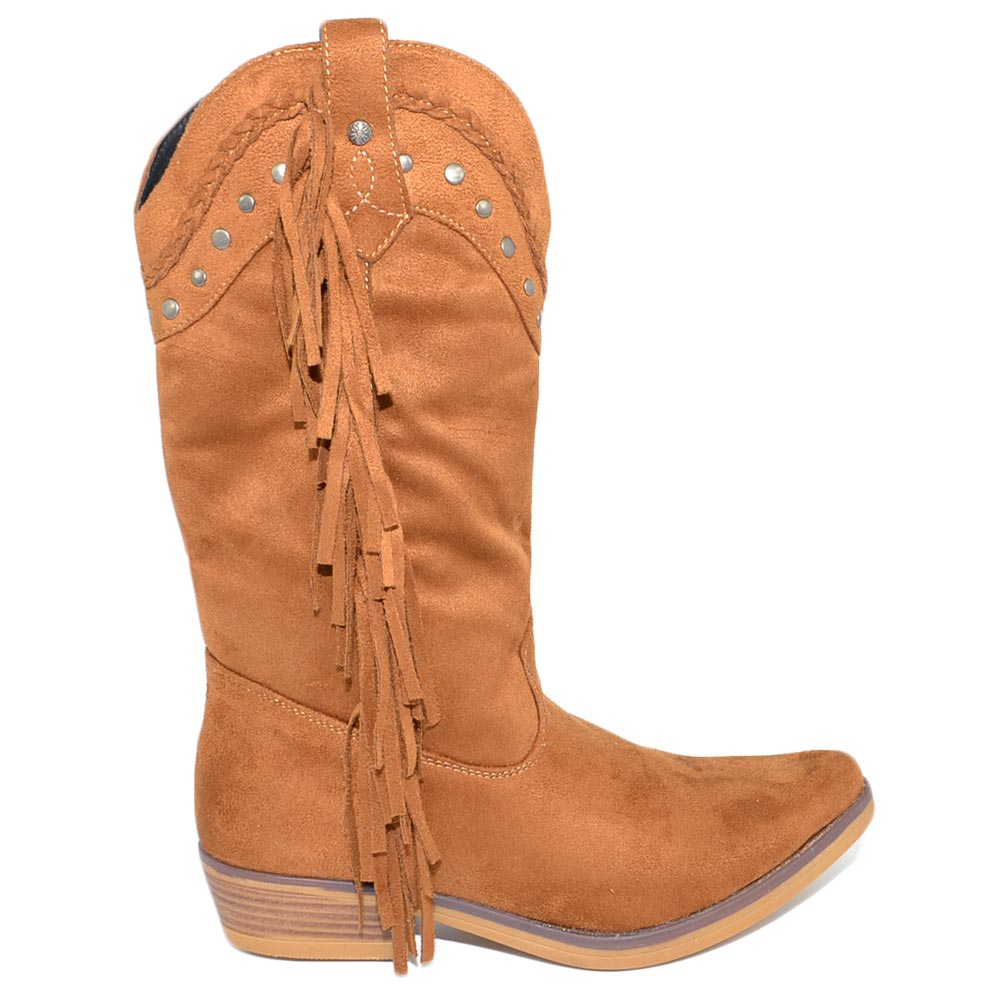 Stivali donna camperos texani cuoio scamosciati con frange western e borchie moda altezza polpaccio style mexico cowboy