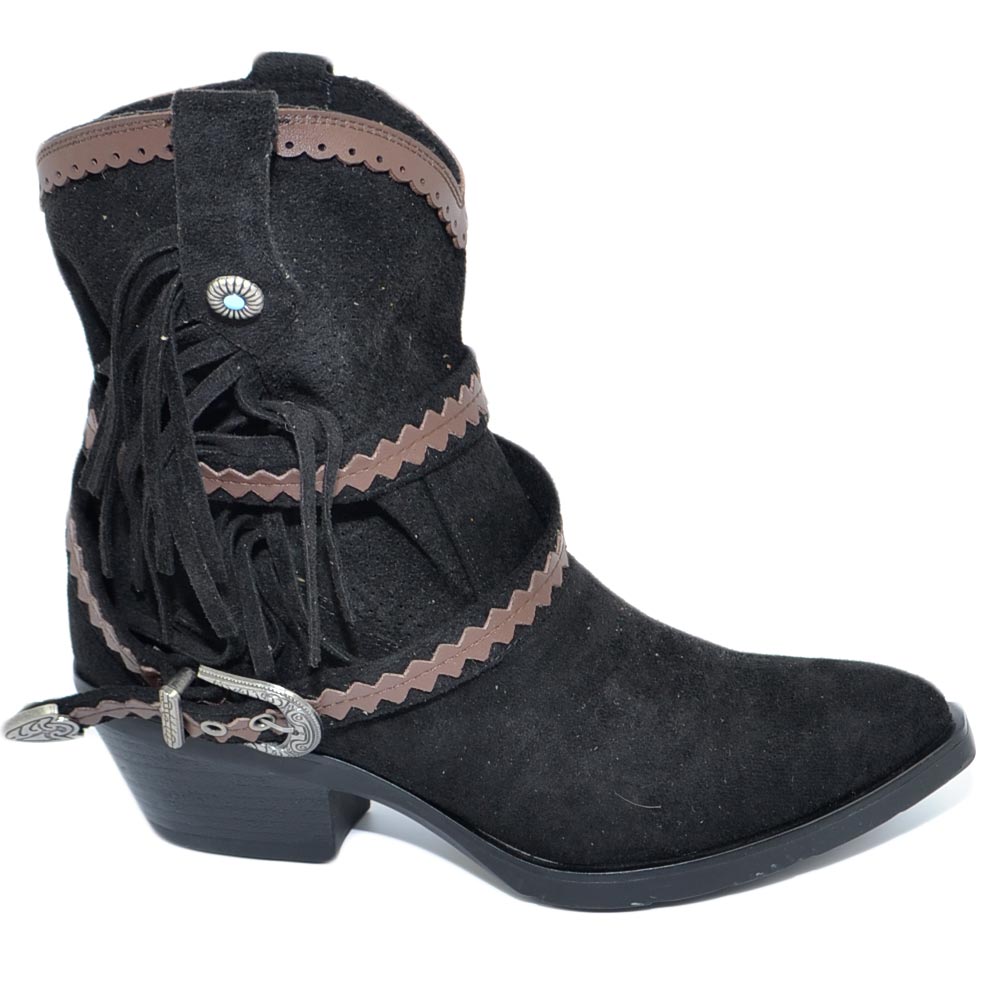 Stivaletto texano camperos donna nero a punta con frange borchie e fibbia tacco western moda roxanne tendenza.