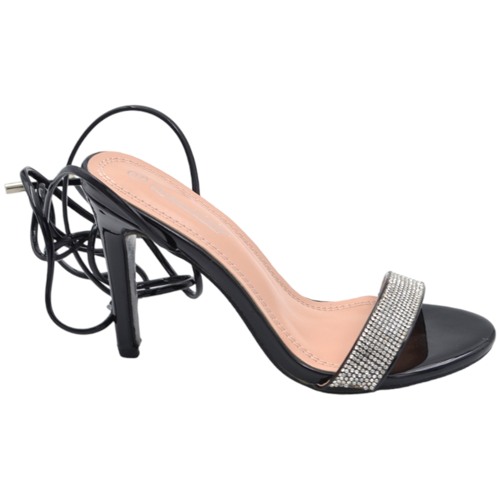 Sandali donna gioiello con tacco a spillo 10 cm in vernice nero lacci alla schiava fascetta brillantini