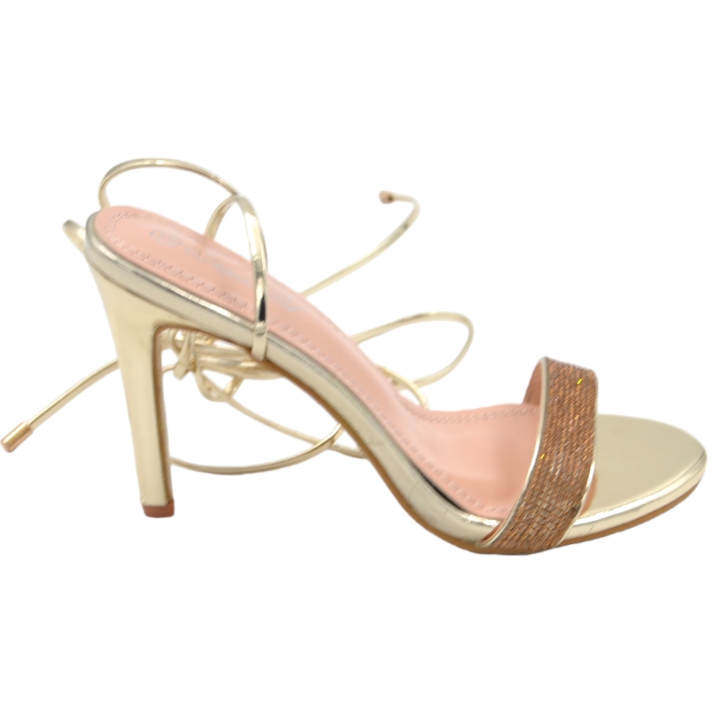 Sandali donna gioiello con tacco a spillo 10 cm lucido oro lacci alla schiava fascetta brillantini bronzo