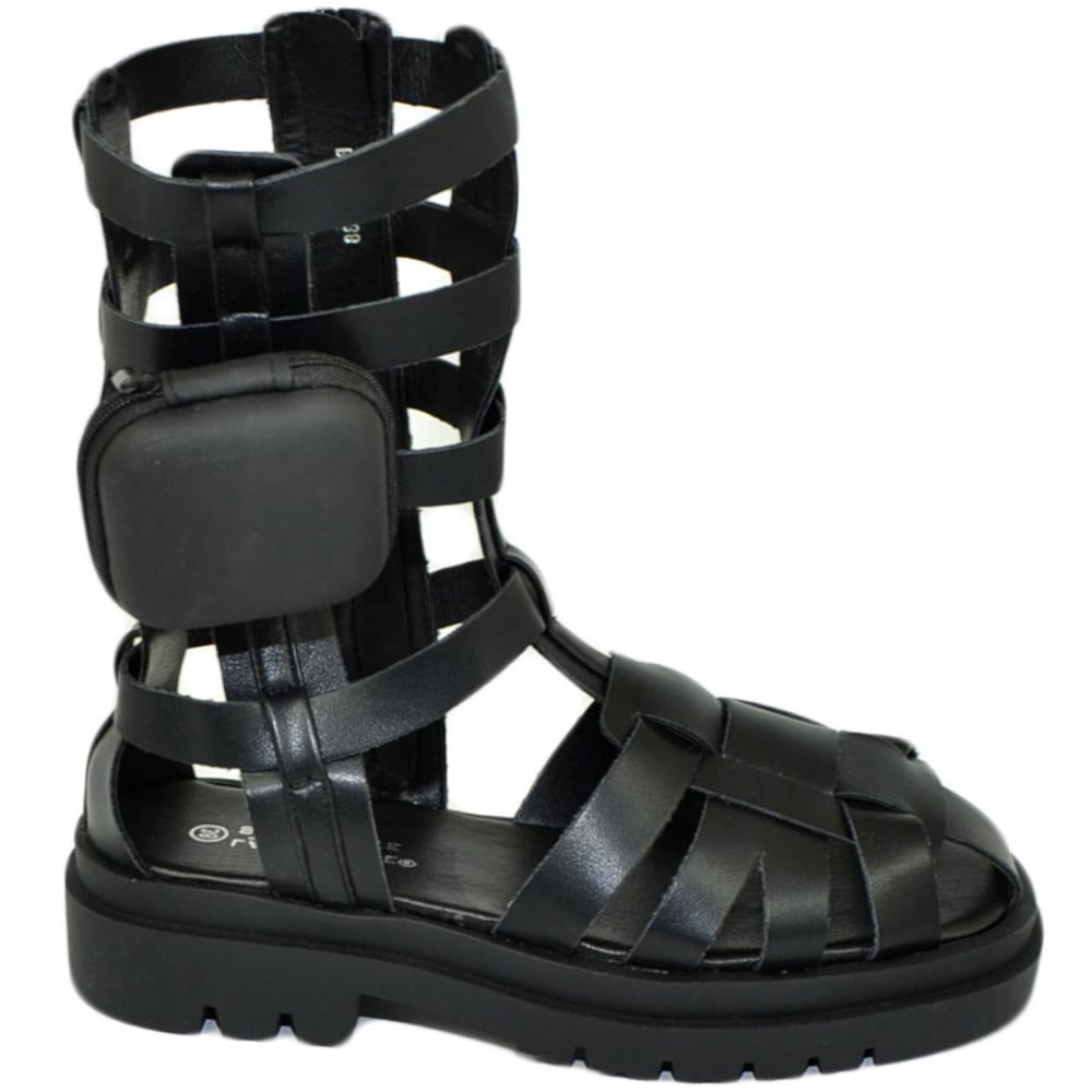 Stivaletti donna anfibio estivo traforato nero alla schiava con taschino chiusura zip moda donna trendy suola alta
