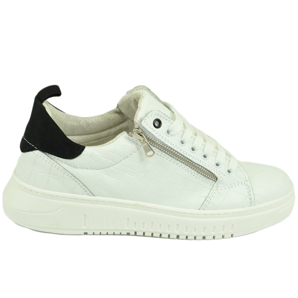 Sneakers uomo bassa bianca zip cerniera in vera pelle stampa cocco e camoscio nero fondo Army alto bianco moda giovane