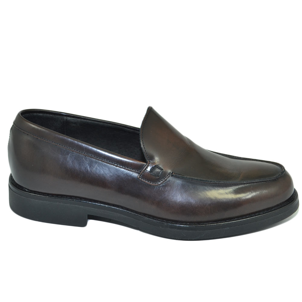 Scarpe uomo mocassini inglese college liscio vera pelle marrone cognac made in italy fondo gomma leggera cerimonia