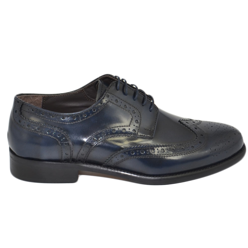 Scarpe uomo stringate francesina vera pelle abrasivata blu made in italy fondo antiscivolo vero cuoio cerimonia elegante.