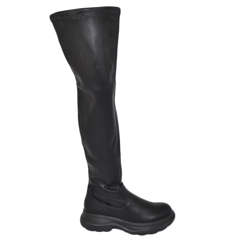 Stivale donna alto nero sopra al ginocchio elastico effetto calzino suola gomma alta bombata moda tendenza street 