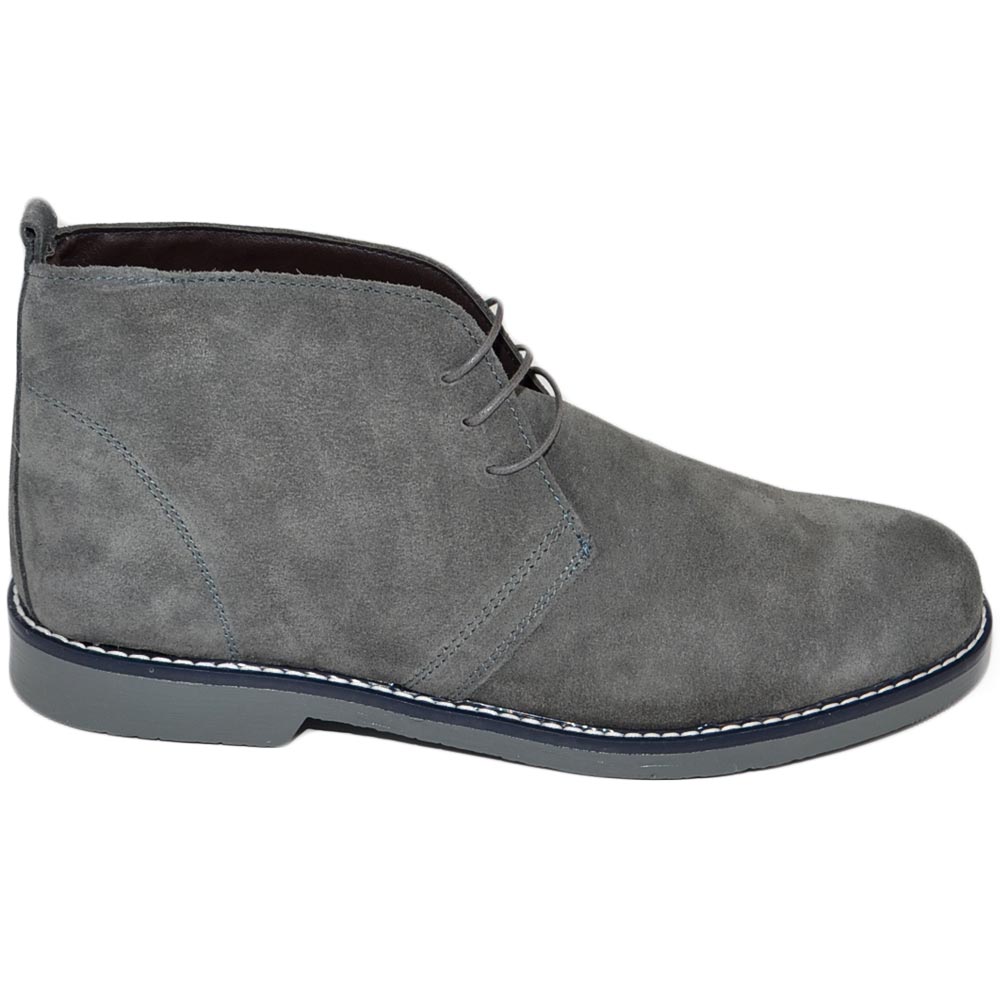 Polacchino uomo invernale in vera pelle camoscio grigio comfort con gomma sottile da professionista handmade in italy