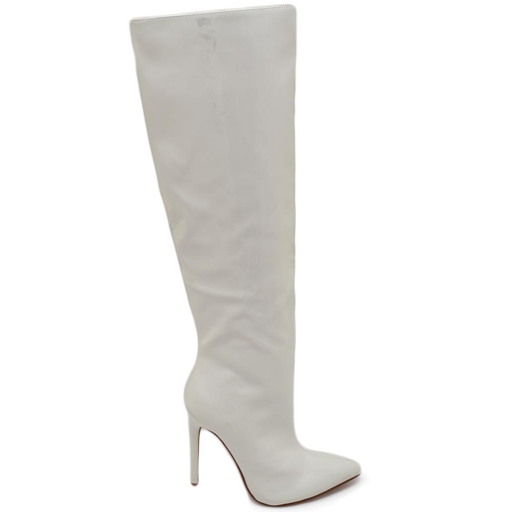 Stivale alto donna bianco ecopelle lucida effetto calzino con tacco a spillo sottile 12cm aderente zip e punta moda.