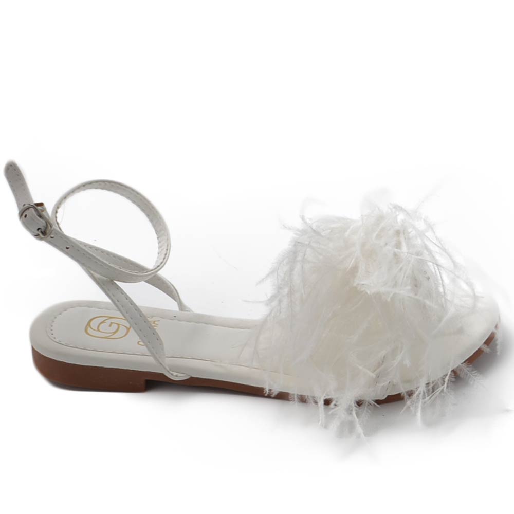 Pantofoline donna sandalo basso bianco raso terra piume peluche con cinturino alla caviglia moda glamour.