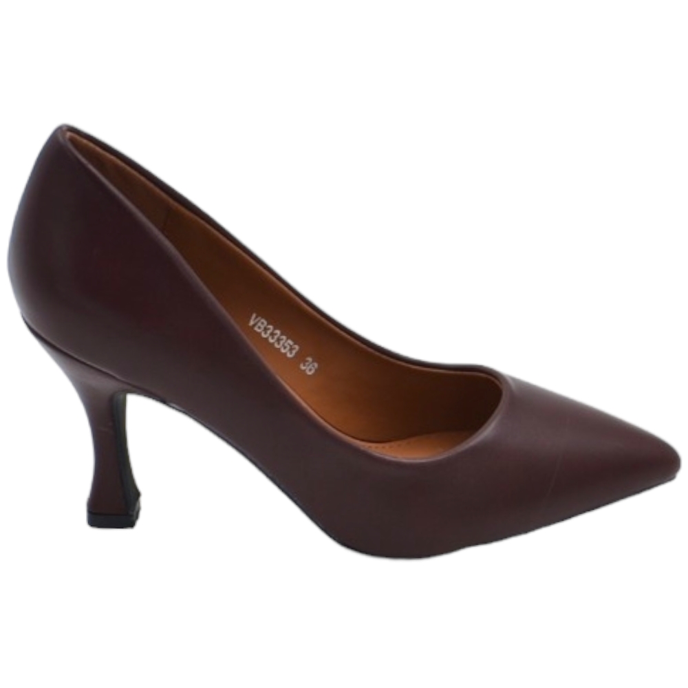 Decollete' scarpa donna a punta in pelle bordeaux opaca con tacco cono 7 cm comoda elegante stabile .