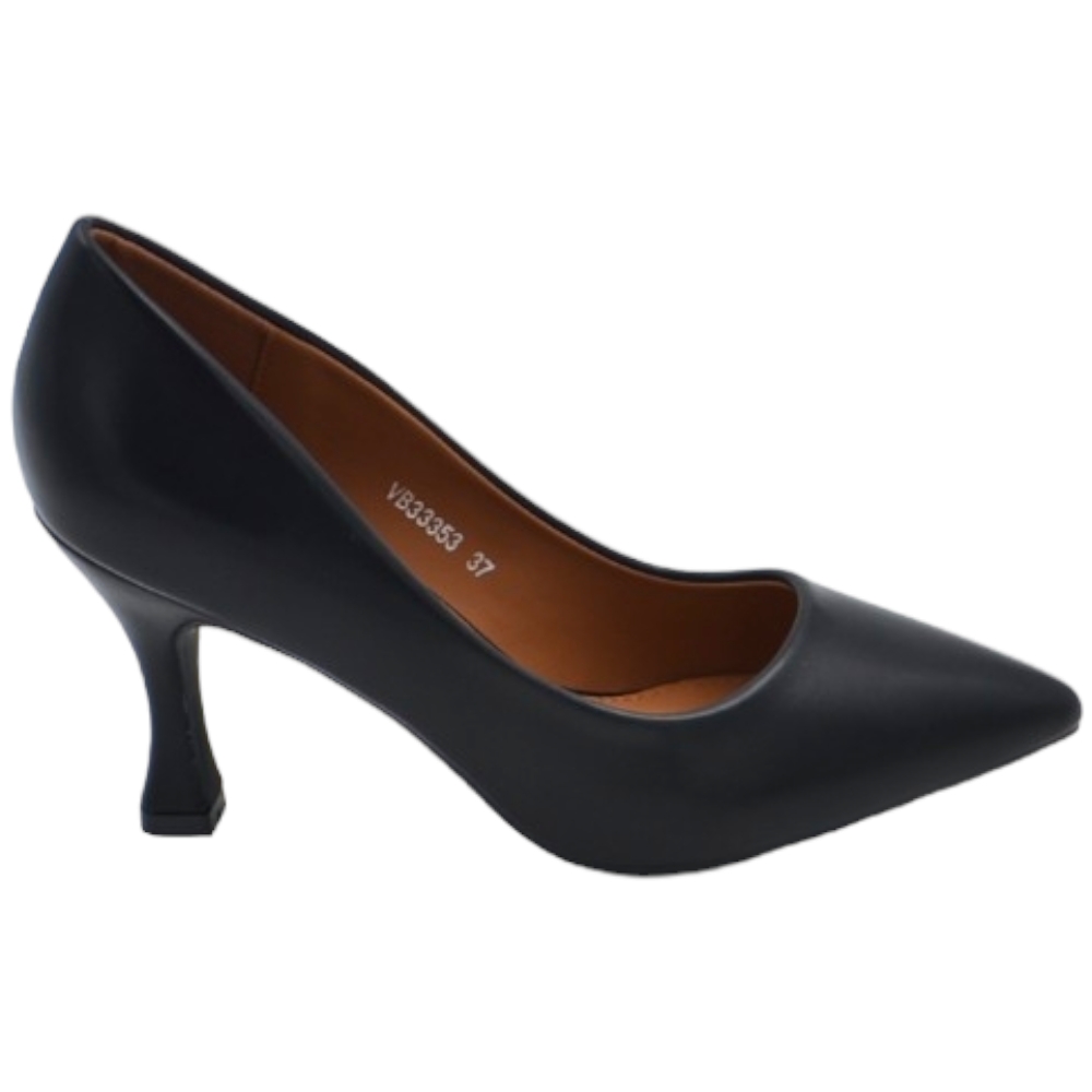 Decollete' scarpa donna a punta in pelle nera opaca con tacco cono 7 cm comoda elegante stabile .