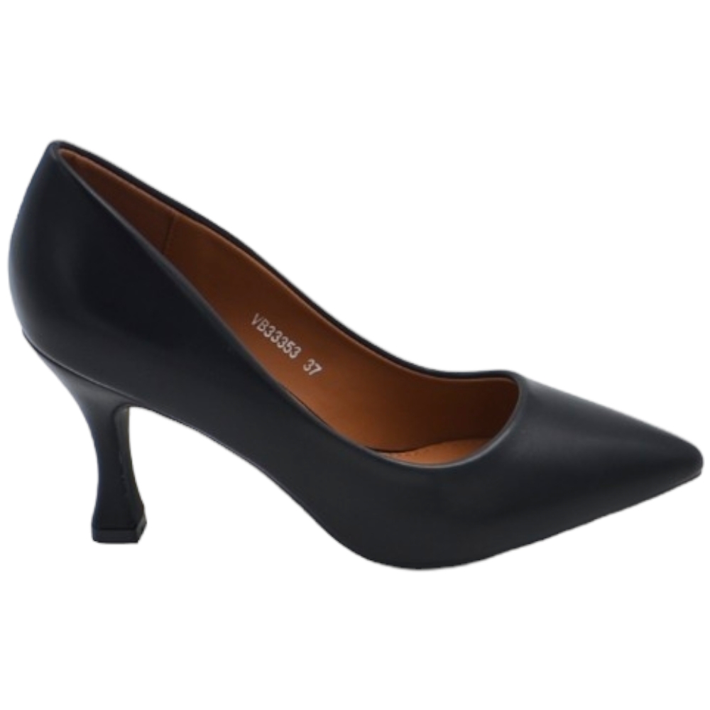Decollete' scarpa donna a punta in pelle nera opaca con tacco cono 7 cm comoda elegante stabile 