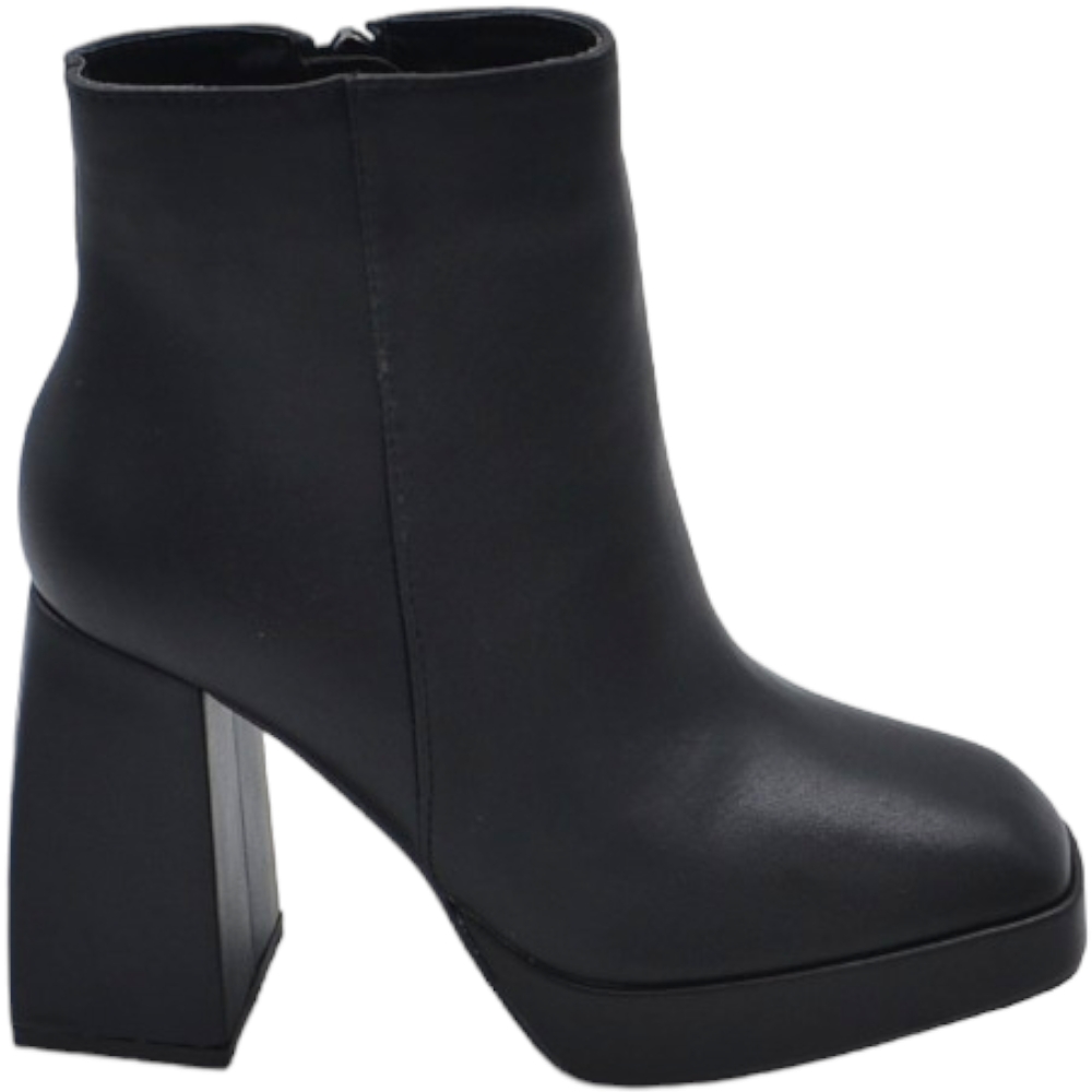 Tronchetto donna stivaletto nero punta quadrata tacco doppio 8 cm plateau zeppa 2 cm zip alla caviglia moda casual 