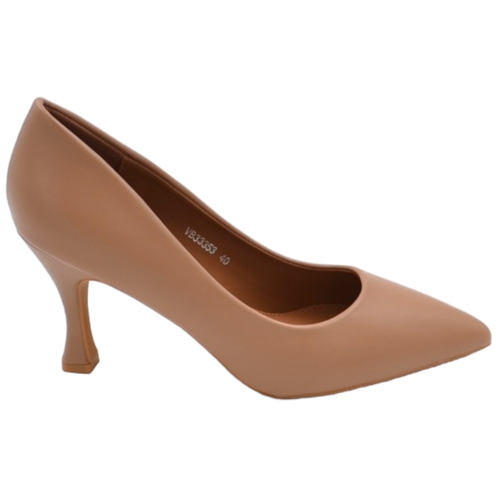Decollete' scarpa donna a punta in pelle beige opaca con tacco cono 7 cm comoda elegante stabile .