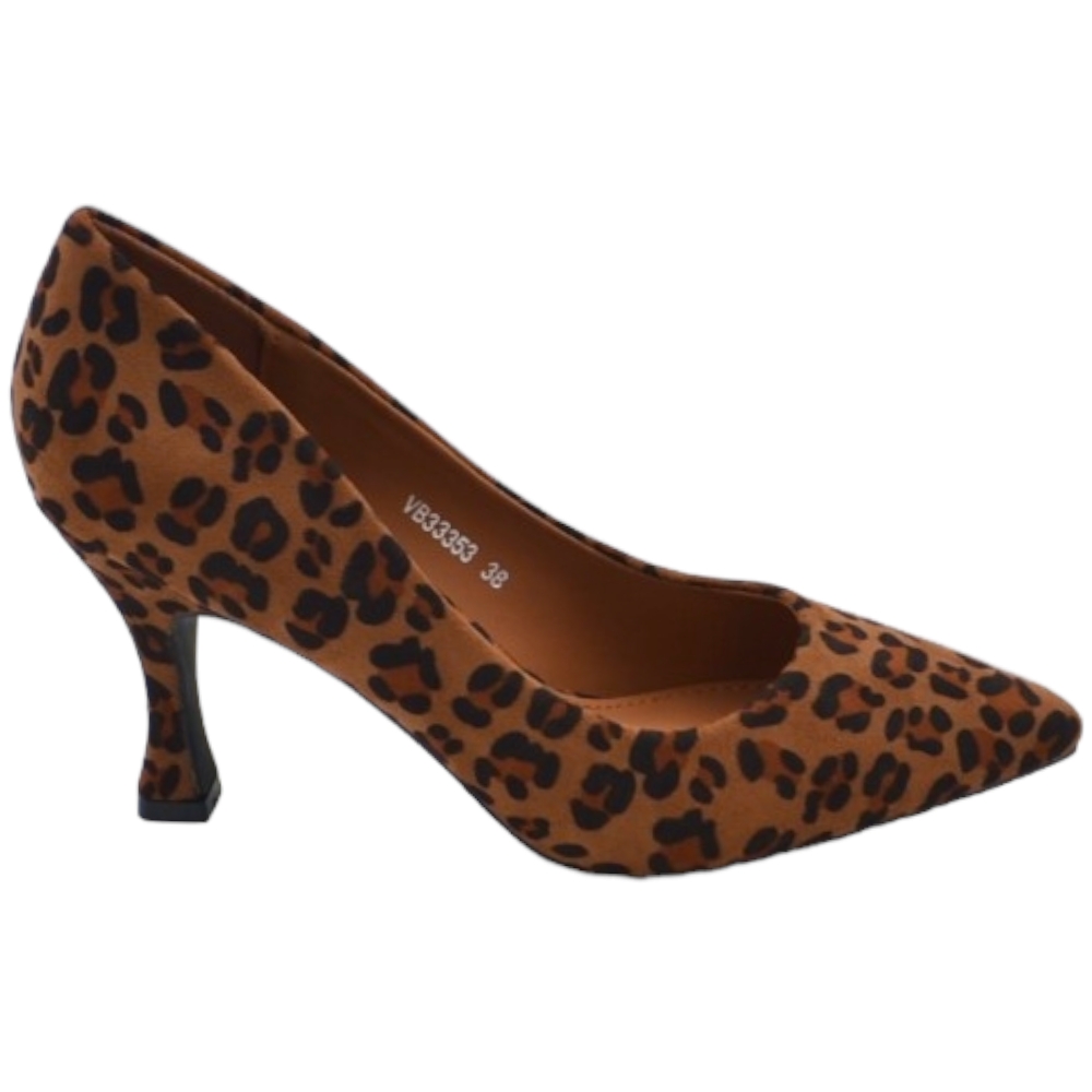 Decollete' scarpa donna a punta in tessuto scamosciato fantasia leopardato con tacco cono 7 cm comoda elegante stabile .