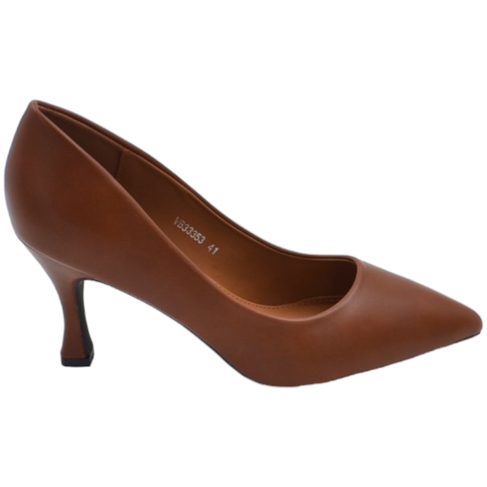 Decollete' scarpa donna a punta pelle cuoio opaca con tacco cono 7 cm comoda elegante stabile 