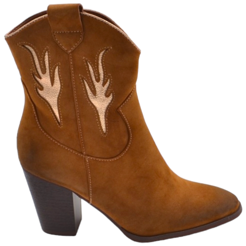 Tronchetto donna camperos con tacco in legno cono 7cm a punta in camoscio cuoio zip laterale ricami laser alla caviglia