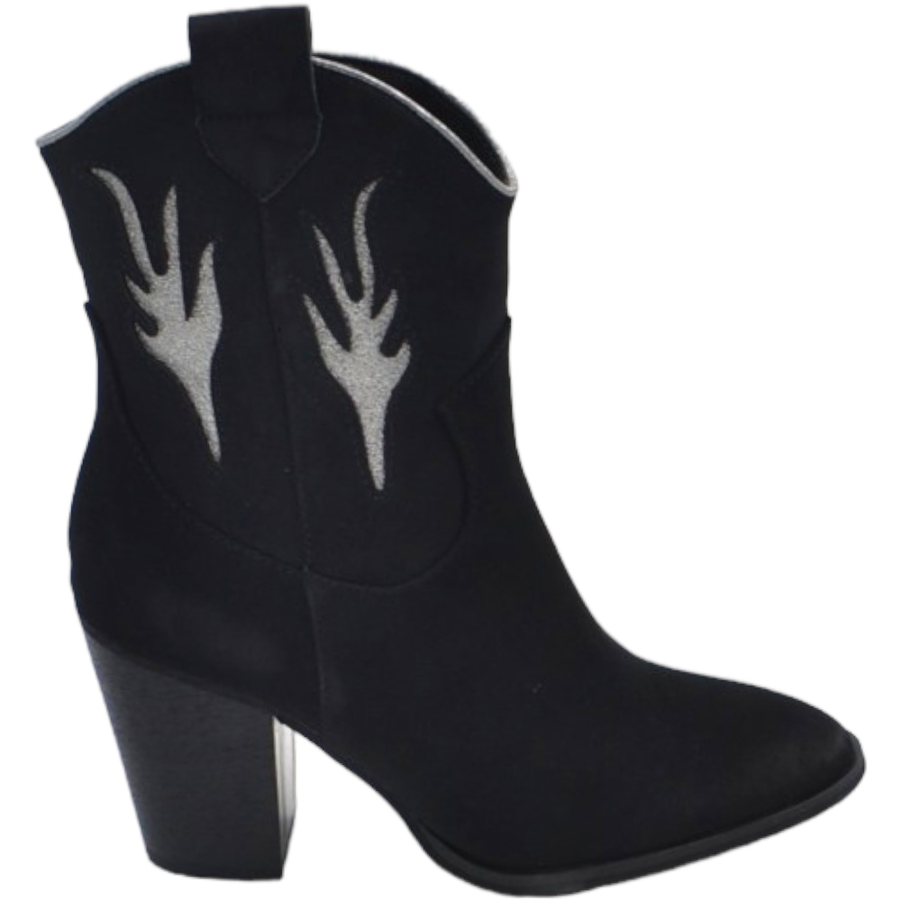 Tronchetto donna camperos con tacco in legno cono 7cm a punta in camoscio nero zip laterale ricami laser alla caviglia