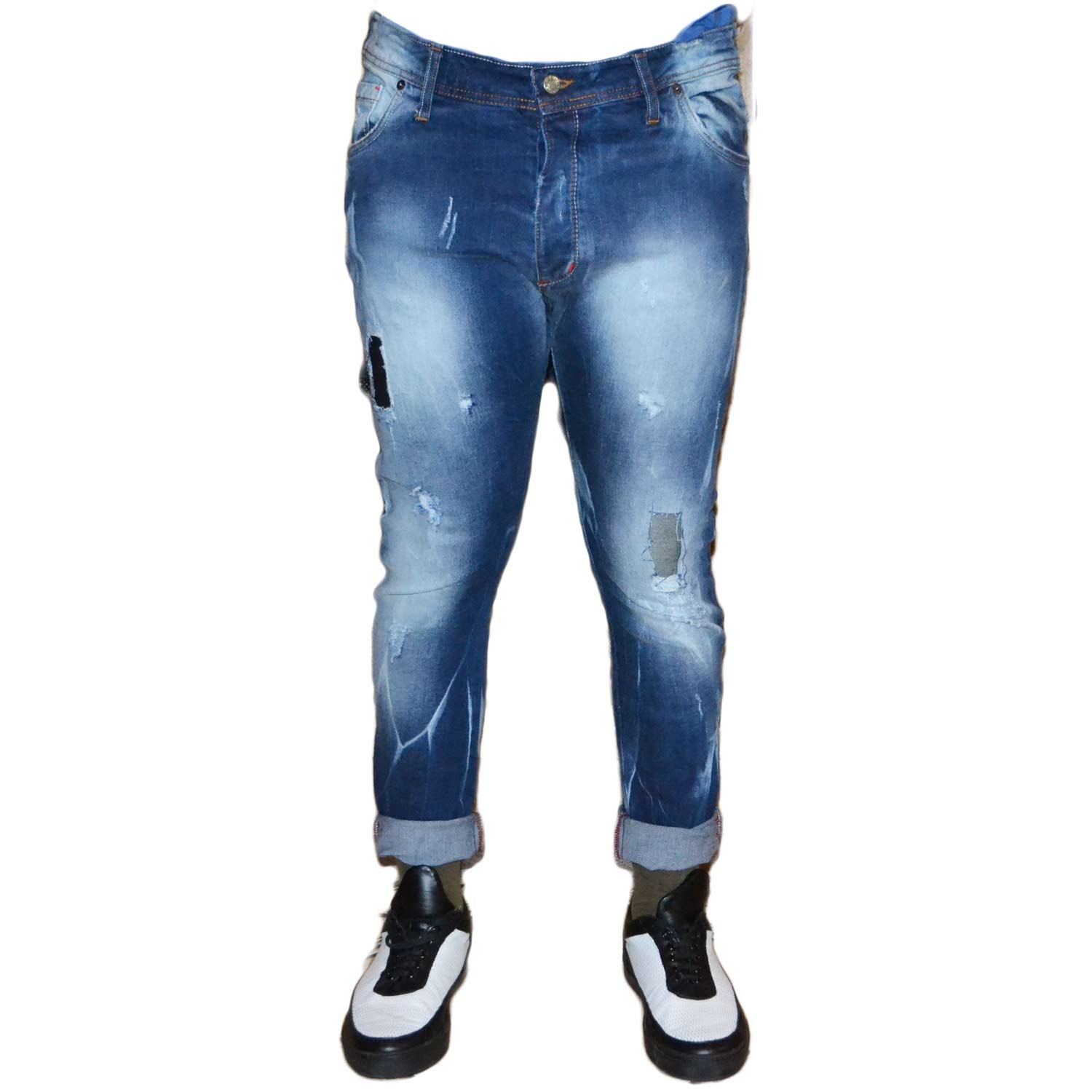 Jeans uomo lavaggio chiaro strappi graduale elastic slim toppa nero